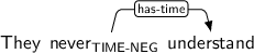 Dependency graph for sentence: They never understand. Token never is labeled TIME-NEG and has an edge labeled has-time to token understand.