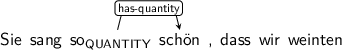 Dependency graph for sentence: Sie sang so schön , dass wir weinten. Token so is labeled QUANTITY and has an edge labeled has-quantity to token schön.