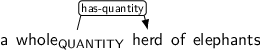 Dependency graph for sentence: a whole herd of elephants. Token whole is labeled QUANTITY and has an edge labeled has-quantity to token herd.