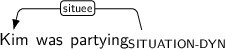 Dependency graph for sentence: Kim was partying. Token partying is labeled SITUATION-DYN and has an edge labeled situee to token Kim.