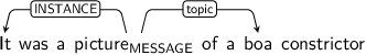 Dependency graph for sentence: It was a picture of a boa constrictor. Token picture is labeled MESSAGE and has an edge labeled INSTANCE to token It and an edge labeled topic to token boa.