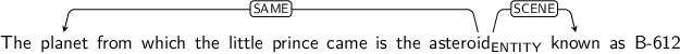 Dependency graph for sentence: The planet from which the little prince came is the asteroid known as B-612. Token asteroid is labeled ENTITY and has an edge labeled SAME to token planet and an edge labeled SCENE to token known.