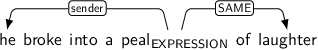 Dependency graph for sentence: he broke into a peal of laughter. Token peal is labeled EXPRESSION and has an edge labeled sender to token he and an edge labeled SAME to token laughter.