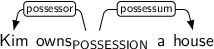 Dependency graph for sentence: Kim owns a house. Token owns is labeled POSSESSION and has an edge labeled possessor to token Kim and an edge labeled possessum to token house.