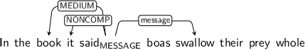 Dependency graph for sentence: In the book it said boas swallow their prey whole. Token said is labeled MESSAGE and has an edge labeled MEDIUM to token book and an edge labeled NONCOMP to token it and an edge labeled message to token swallow.