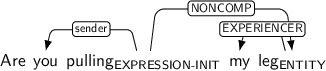 Dependency graph for sentence: Are you pulling my leg. Token pulling is labeled EXPRESSION-INIT and has an edge labeled sender to token you and an edge labeled NONCOMP to token leg. Token leg is labeled ENTITY and has an edge labeled EXPERIENCER to token my.