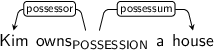 Dependency graph for sentence: Kim owns a house. Token owns is labeled POSSESSION and has an edge labeled possessor to token Kim and an edge labeled possessum to token house.