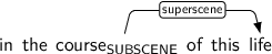 Dependency graph for sentence: in the course of this life. Token course is labeled SUBSCENE and has an edge labeled superscene to token life.