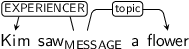 Dependency graph for sentence: Kim saw a flower. Token saw is labeled MESSAGE and has an edge labeled EXPERIENCER to token Kim and an edge labeled topic to token flower.