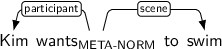 Dependency graph for sentence: Kim wants to swim. Token wants is labeled META-NORM and has an edge labeled participant to token Kim and an edge labeled scene to token swim.
