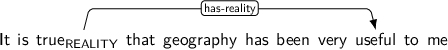 Dependency graph for sentence: It is true that geography has been very useful to me. Token true is labeled REALITY and has an edge labeled has-reality to token useful.
