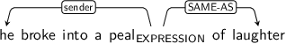 Dependency graph for sentence: he broke into a peal of laughter. Token peal is labeled EXPRESSION and has an edge labeled sender to token he and an edge labeled SAME-AS to token laughter.