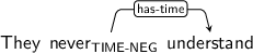 Dependency graph for sentence: They never understand. Token never is labeled TIME-NEG and has an edge labeled has-time to token understand.