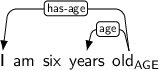 Dependency graph for sentence: I am six years old. Token old is labeled AGE and has an edge labeled has-age to token I and an edge labeled age to token years.