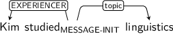 Dependency graph for sentence: Kim studied linguistics. Token studied is labeled MESSAGE-INIT and has an edge labeled EXPERIENCER to token Kim and an edge labeled topic to token linguistics.